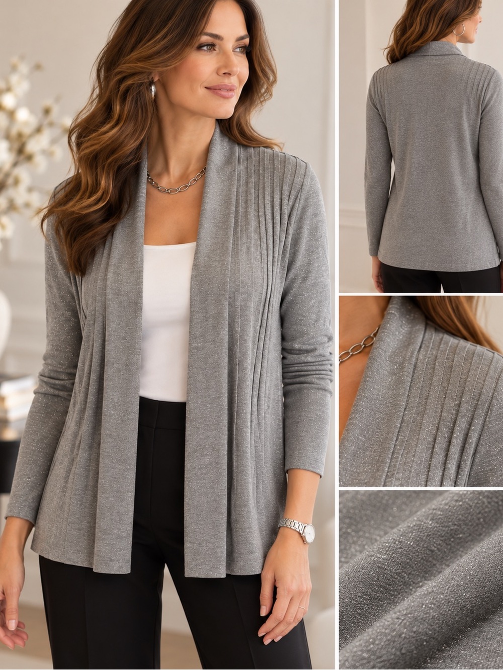 Kenneth Cole New York Gray Shimmer Draped Open Front Cardigan XS